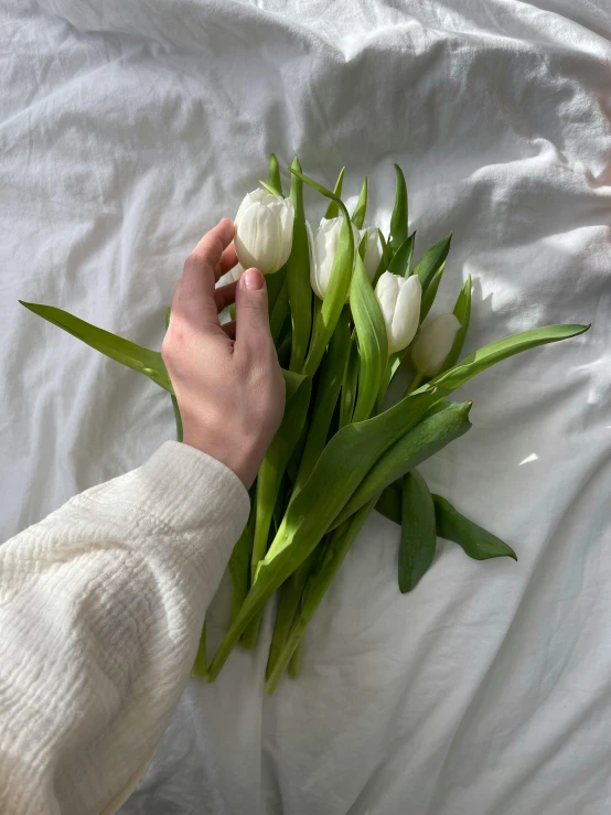 the woman is holding a bunch of white tulips