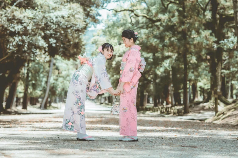 two geisha women pose on a pathway holding hands