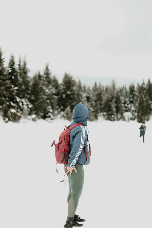 the back of a person with a backpack in a snowy area