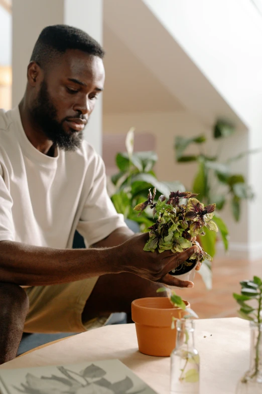 a man is holding up some plants that have been grown