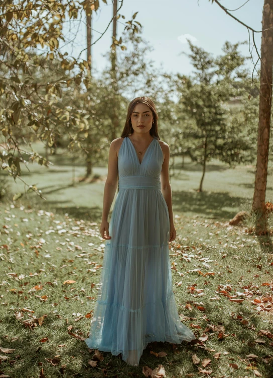 woman in long blue dress standing in forest