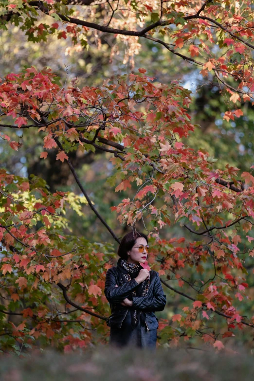 a girl wearing sunglasses while standing underneath colorful tree