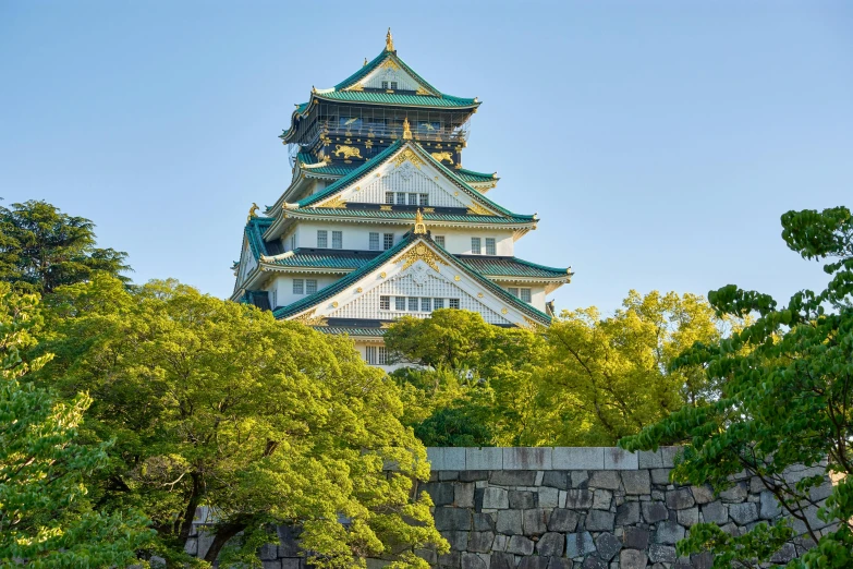 the view of a large pagoda tower from between trees