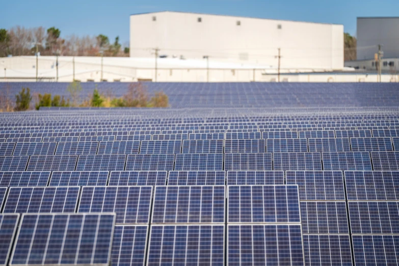 a group of solar panels sit on top of a field