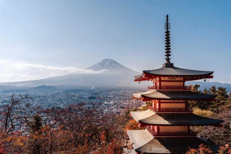 the pagoda on top of a mountain with an overcast sky