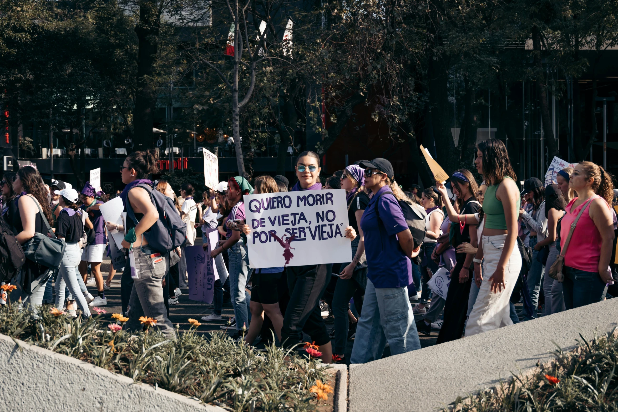 protestors with signs and flowers on the ground