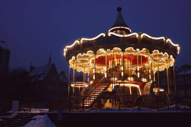 an illuminated carousel is surrounded by lights