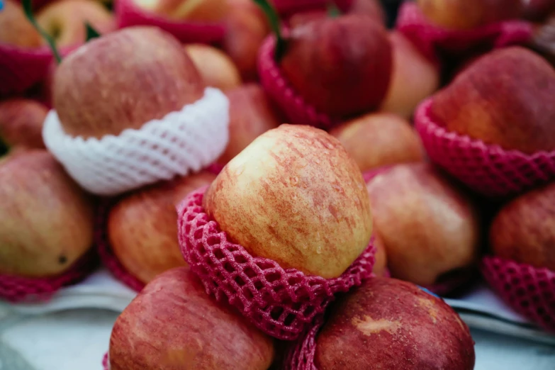 many apples with a mesh bag on top