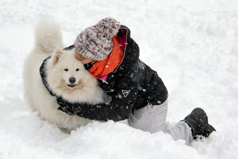 child and white dog playing in deep snow