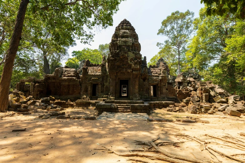 a building in the jungle is surrounded by trees