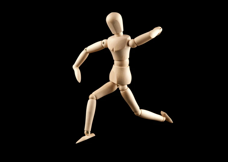 a white dummy is running and pointing a finger toward the side