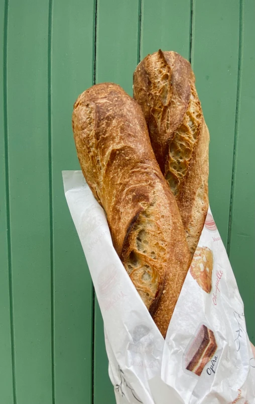 two loaves of bread wrapped in paper