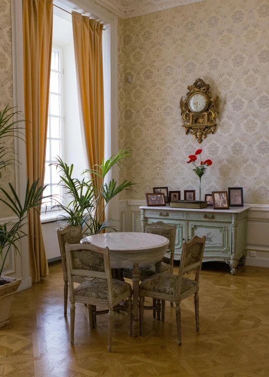 a dining room is pictured in this image
