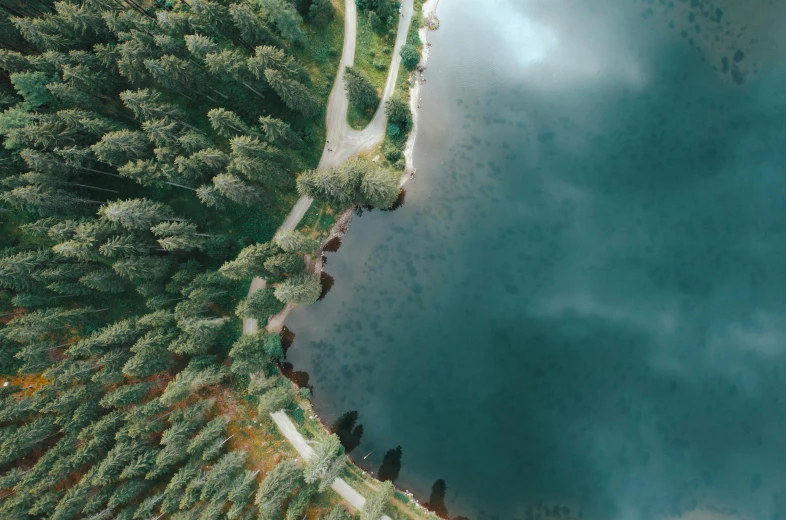 an aerial view shows a winding path along the shore of a lake