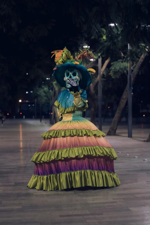 a person wearing a large colorful dress and large hat