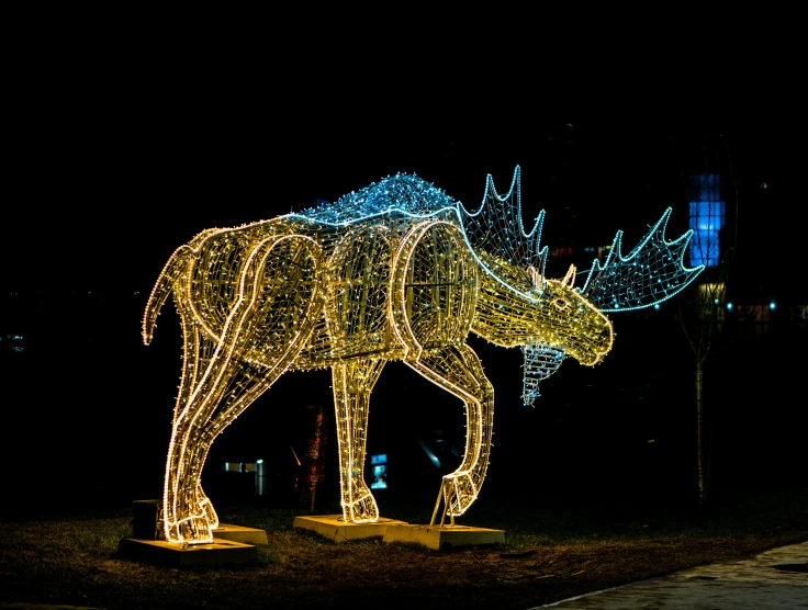 the moose statue is lit up in various colors