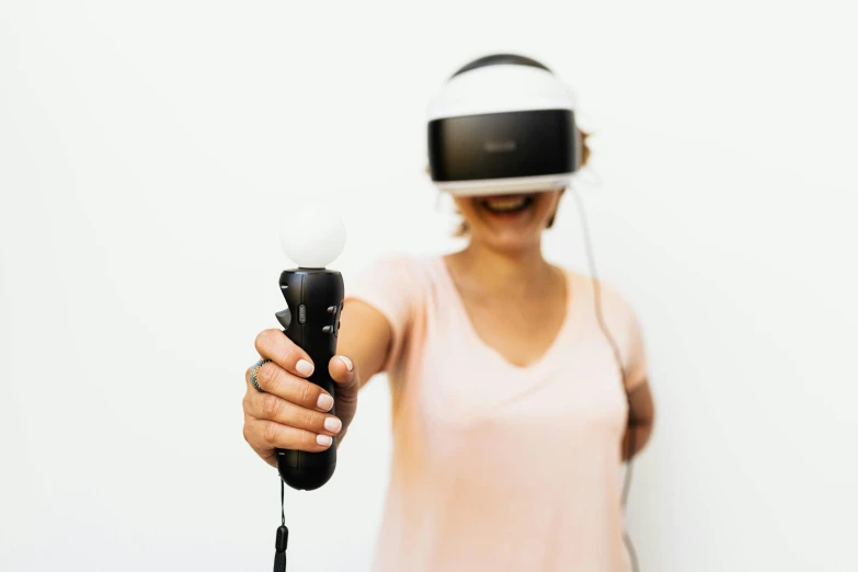 a woman using a virtual eye phone and headphones
