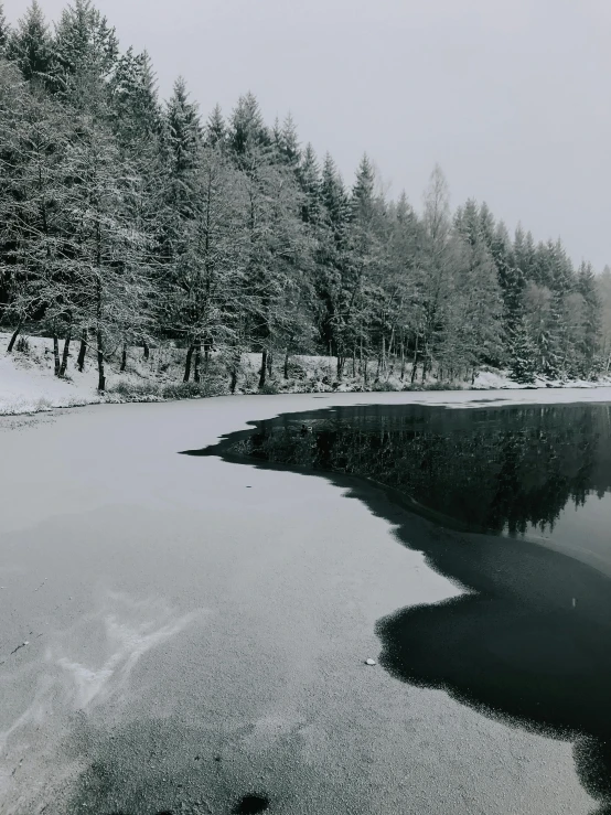 a very snowy pond that is surrounded by trees