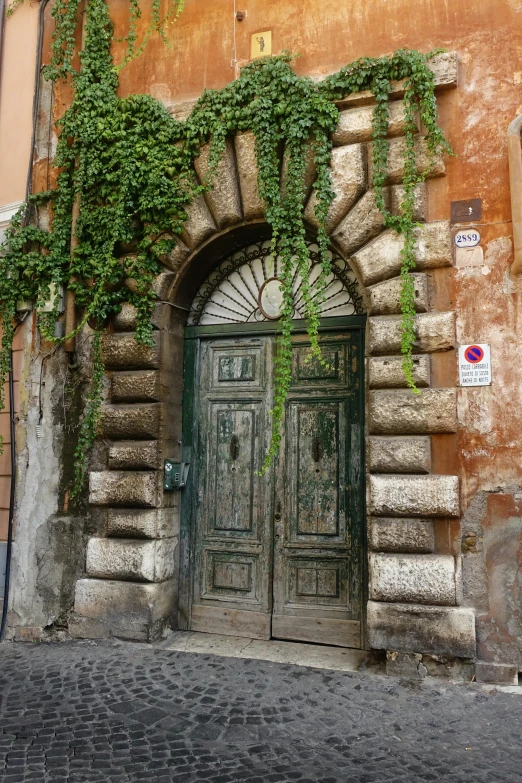 a brown building with green ivy over the door