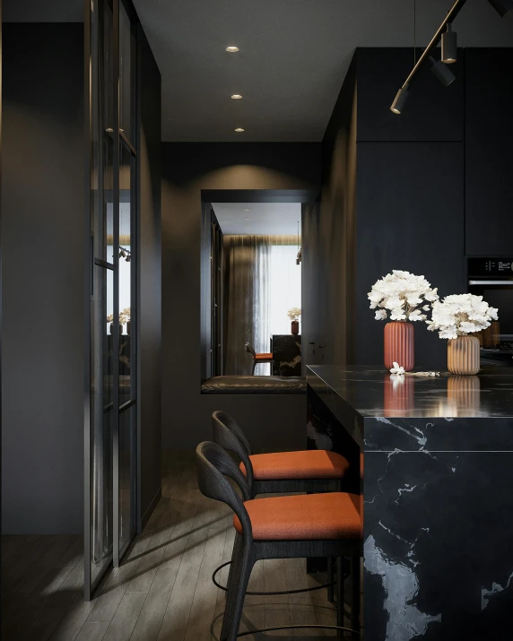 the modern black kitchen has granite countertops