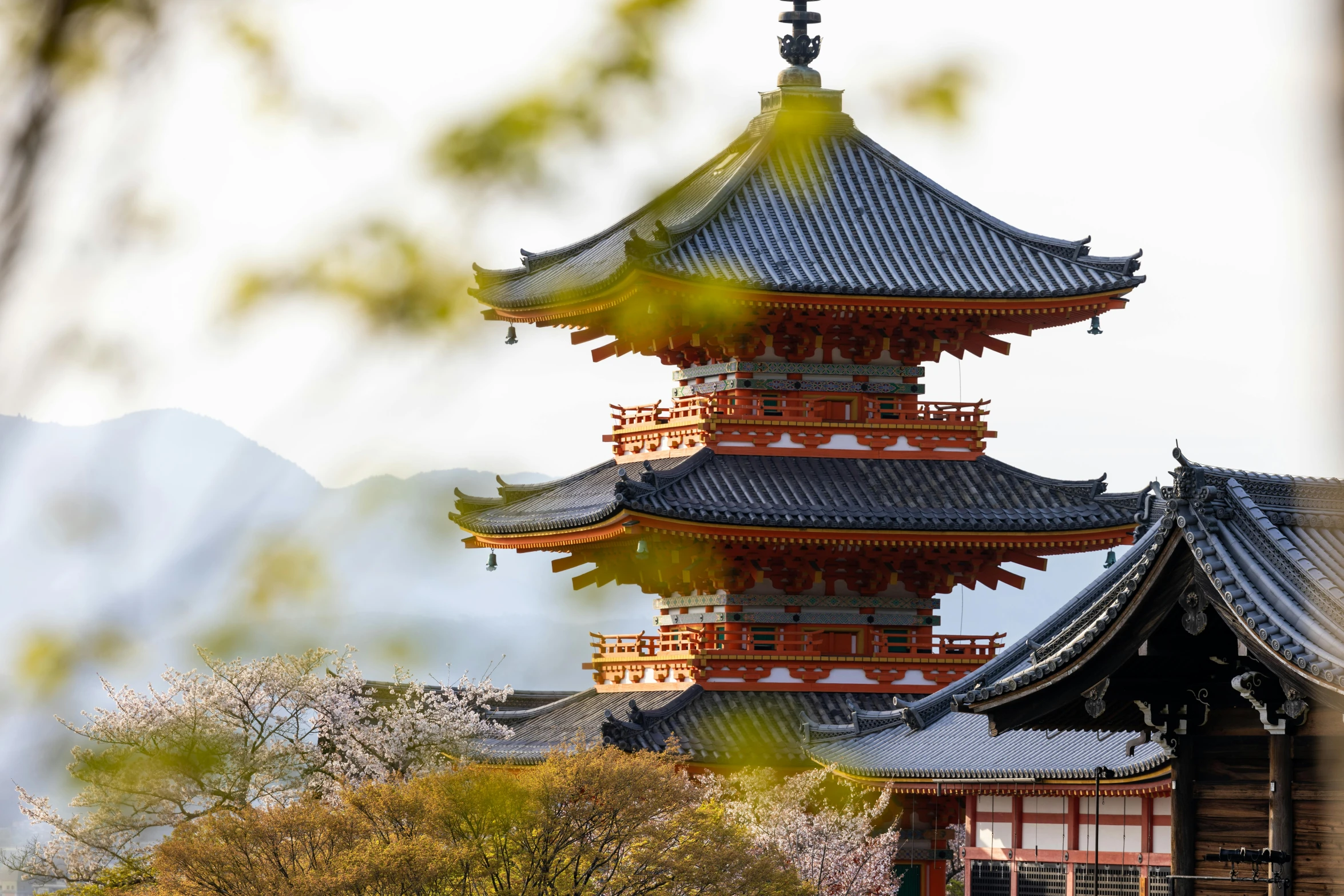 several pagodas with multiple floors sitting in front of mountains