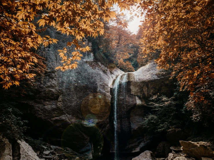 there is a very tall waterfall surrounded by trees