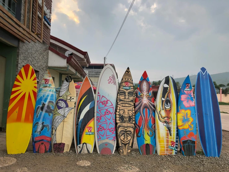 a bunch of surfboards lined up against the wall