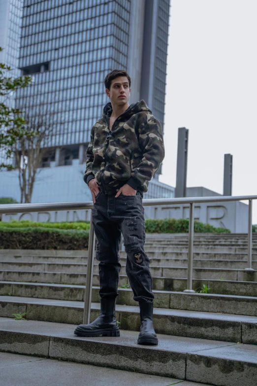 a man in camouflage stands on the steps outside