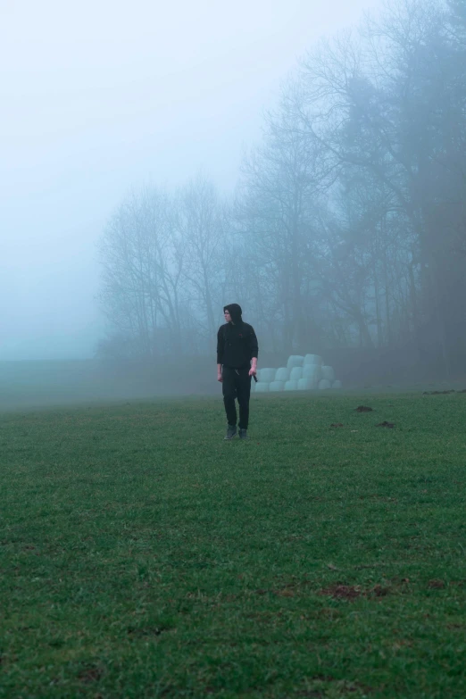 a person stands in a grassy area in the fog