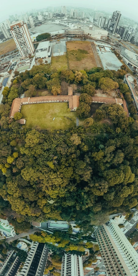 aerial view of grassy field surrounded by buildings