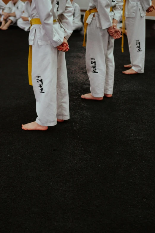 people standing in line with karate belts on