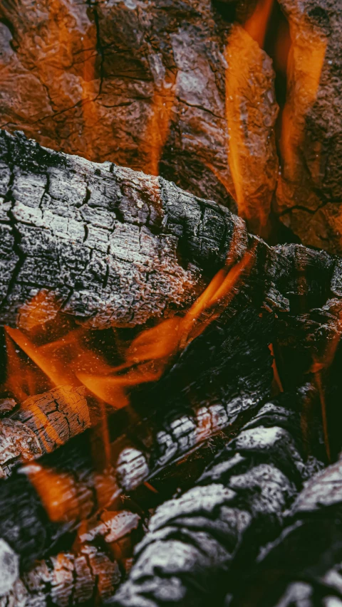 this is a fire in a log next to some rocks