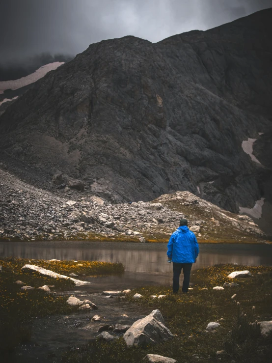 a man in a blue jacket looking at the mountains