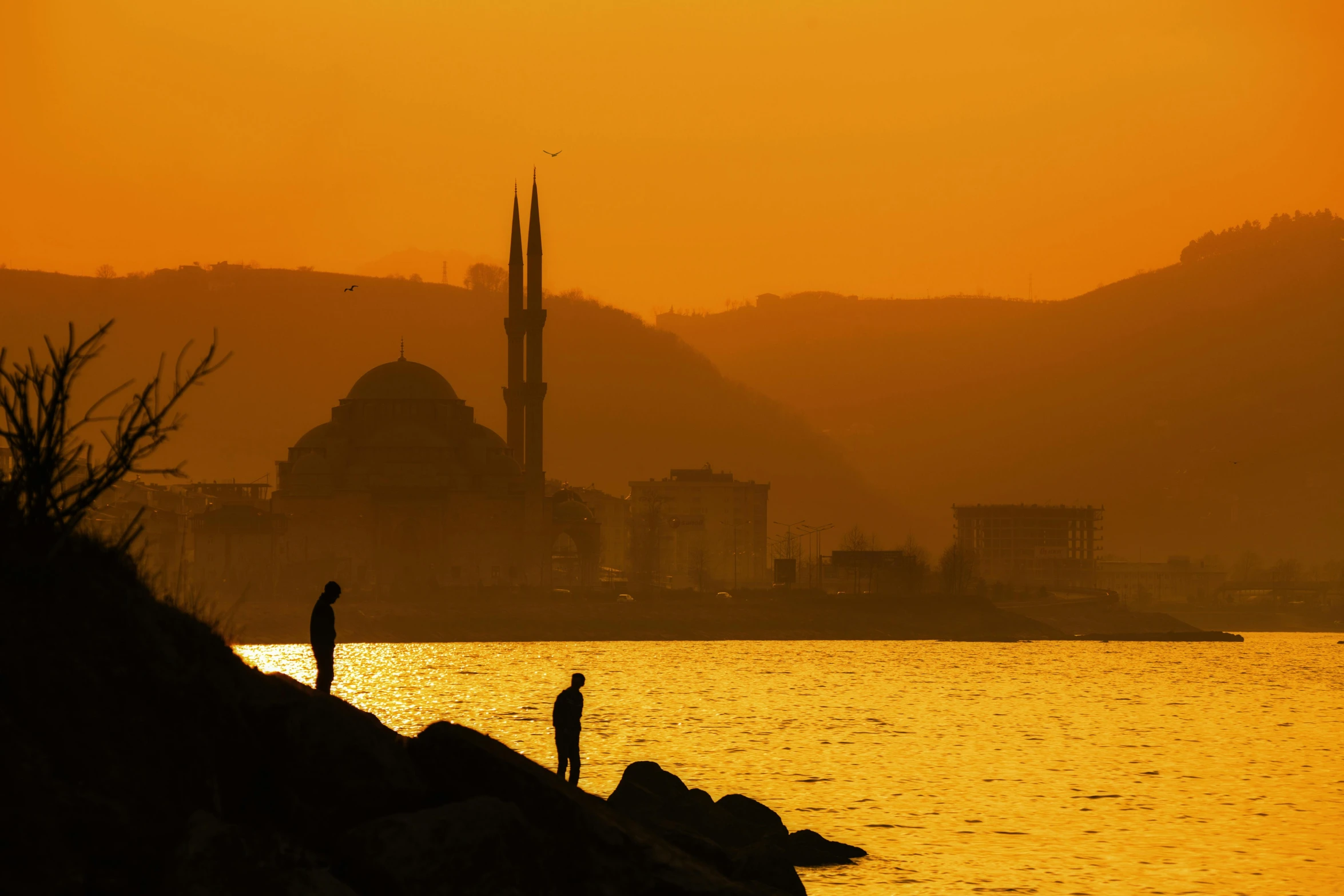 a couple standing on a rock overlooking a body of water