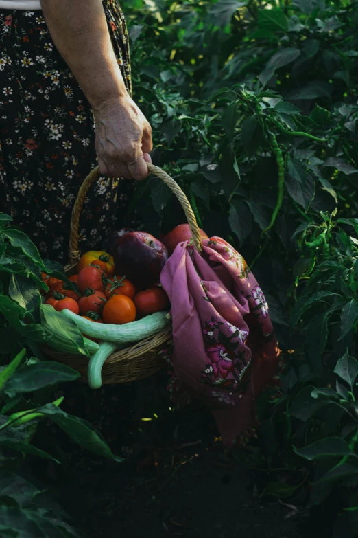 a woman with a red bag in the middle of her basket