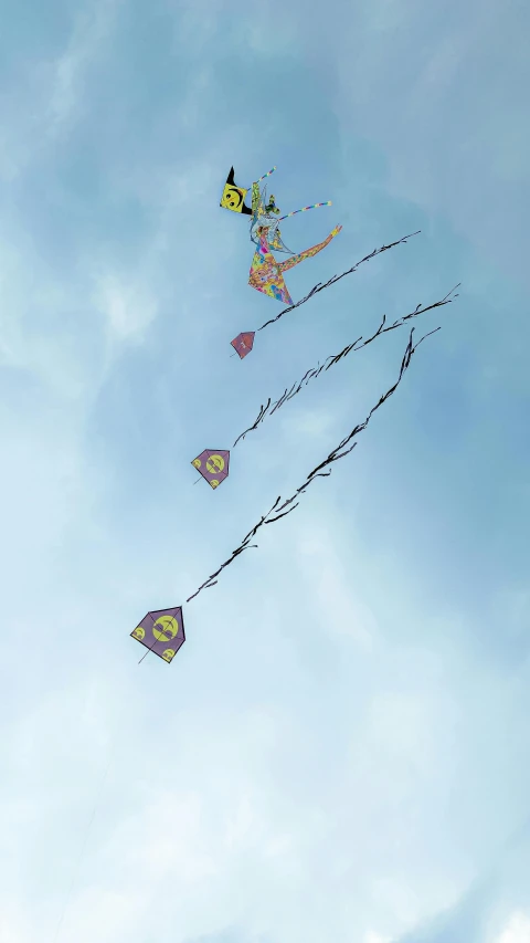 the sky is filled with some fancy kites flying through the air