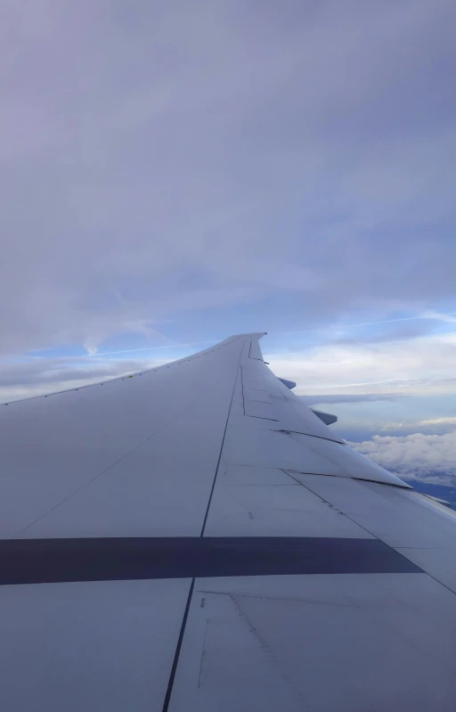 a plane wing with the sky and clouds