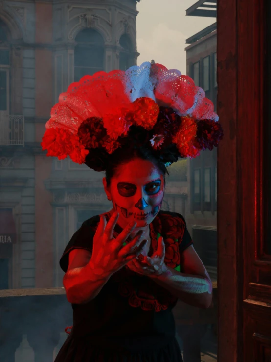 a woman with skull makeup on posing for the camera