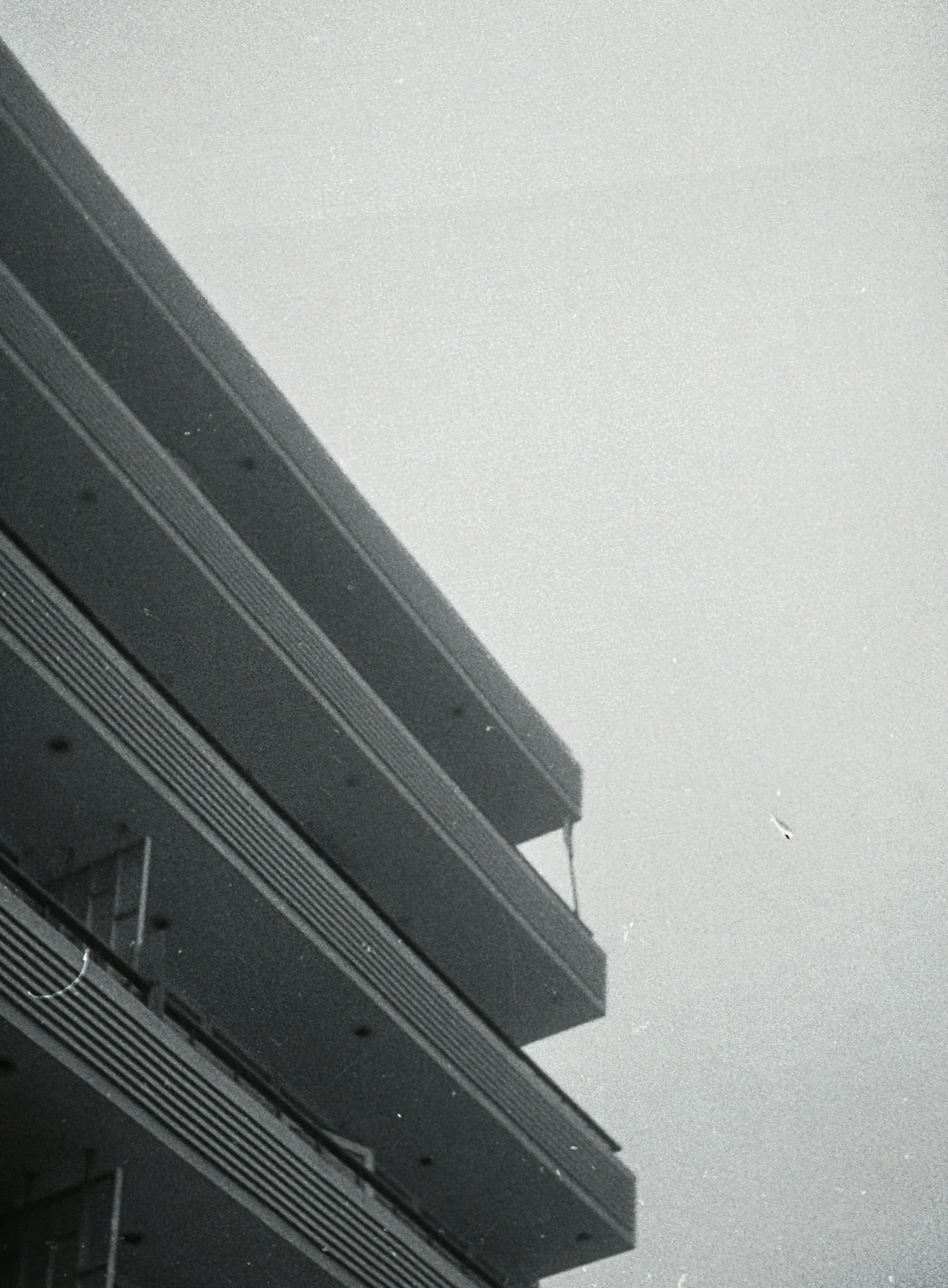 a building and it's roof, in black and white