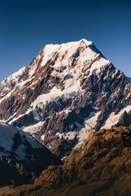 snowy mountain covered in a patch of grass with a cloudless sky above