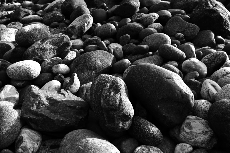 a rocky shoreline covered in rocks with different kinds of rocks