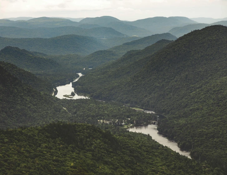 a river surrounded by forest in the middle of mountains