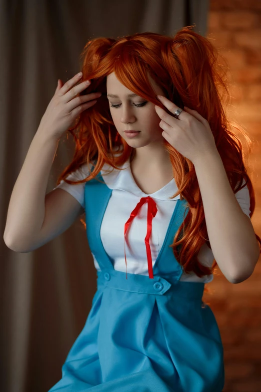 a woman with red hair and a bow in her shirt