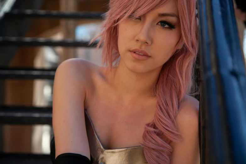 a pretty pink haired woman with long hair