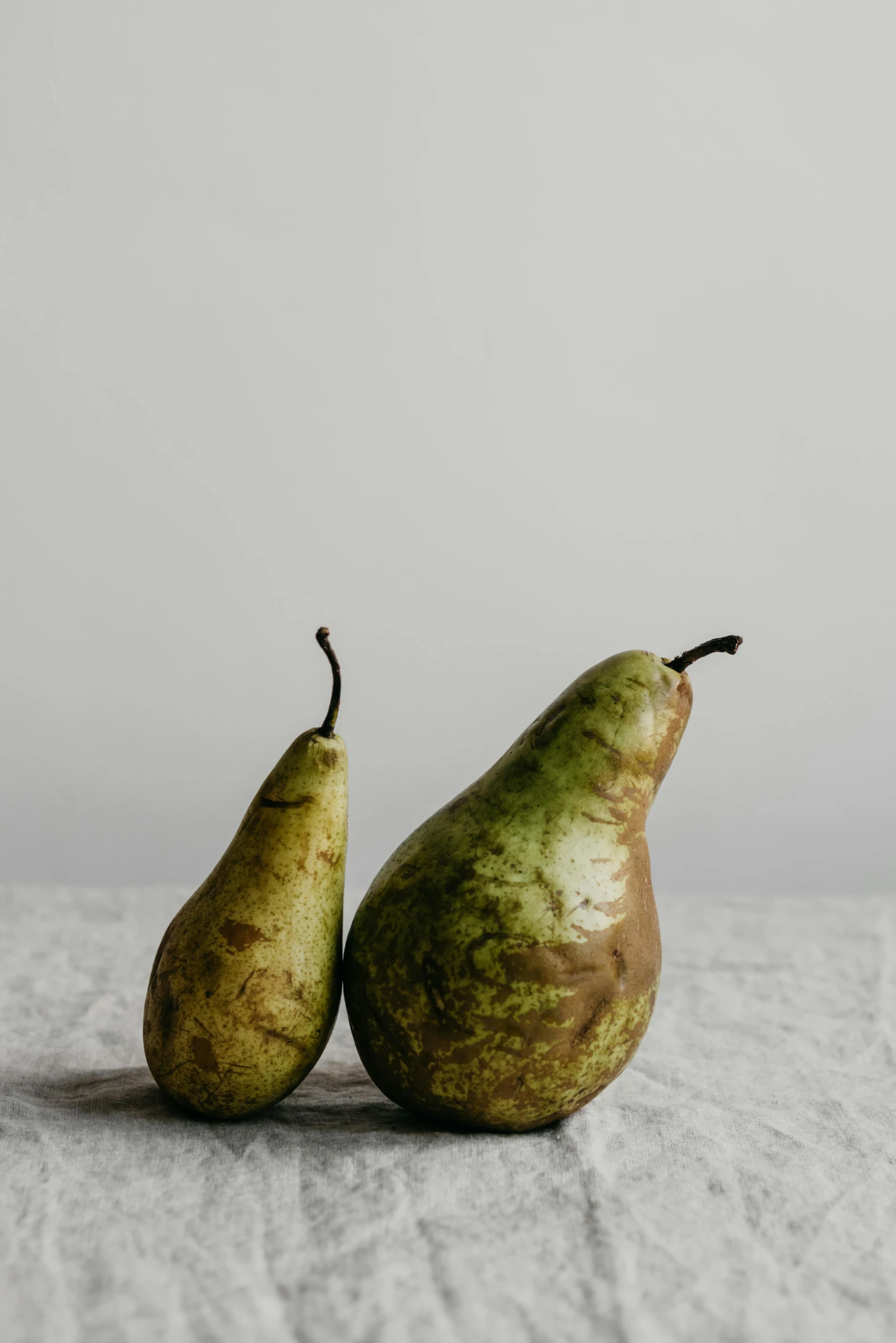 two pears sitting on a sheet with a white background