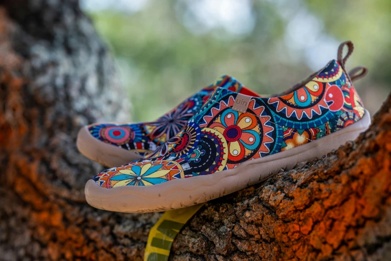 an intricately painted shoe sitting in a tree