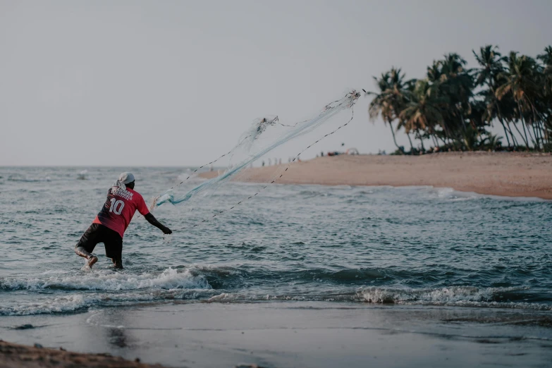 a man is wind surfing on the beach