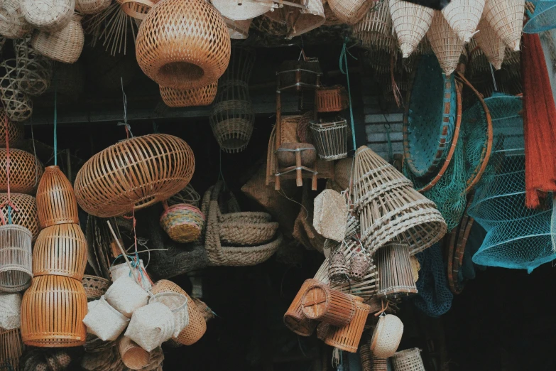 some woven items and baskets on display