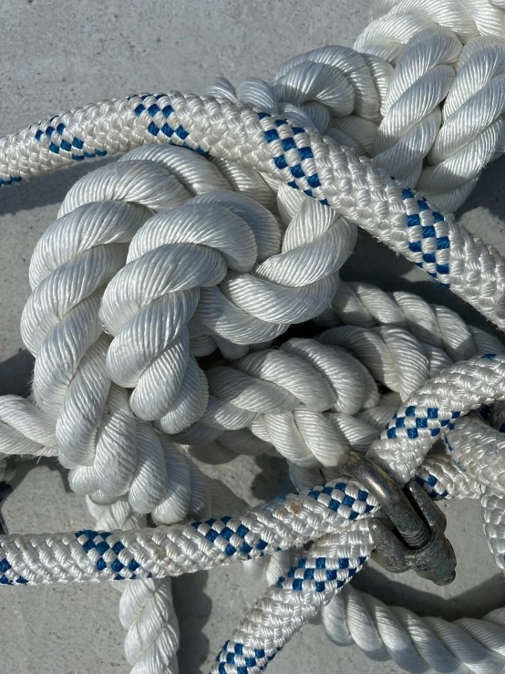 a rope with a metal ring laying on top of it