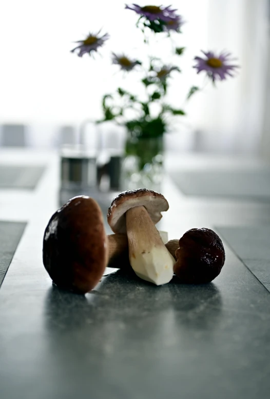 some type of mushroom on a table with a vase full of flowers